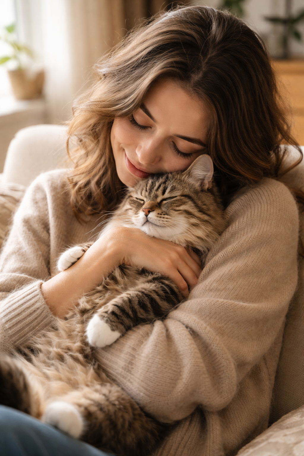 Pet owner at home hugging their cat